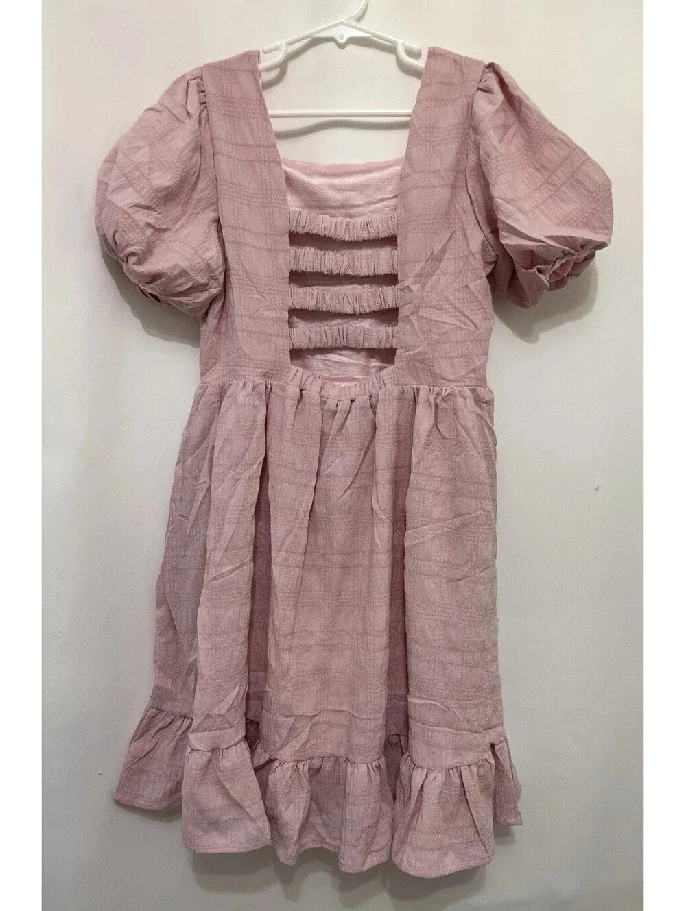 New Arshiner Girls Size 8 Pink Puff Sleeve Dress Smocked Back Plaid Ruffle